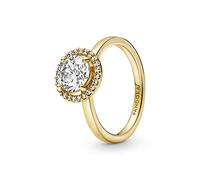 Pandora Timeless Anillo con halo redondo centelleante chapado en oro de 14 quilates con circonitas cúbicas transparentes, talla 56