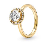 PANDORA Timeless Anillo con halo redondo centelleante chapado en oro de 14 quilates con circonitas cúbicas transparentes