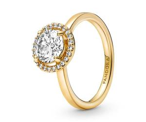 PANDORA Timeless Anillo con halo redondo centelleante chapado en oro de 14 quilates con circonitas cúbicas transparentes