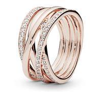 Pandora Timeless Anillo con líneas centelleantes y pulidas chapado en oro rosa de 14 quilates con circonitas cúbicas transparentes, talla 52