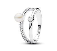 Pandora Timeless Anillo de plata de ley con perla blanca cultivada de agua dulce tratada y circonitas cúbicas transparentes, talla 50