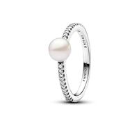 Pandora Timeless Anillo de plata de ley con perla blanca cultivada de agua dulce tratada y circonitas cúbicas transparentes, talla 52