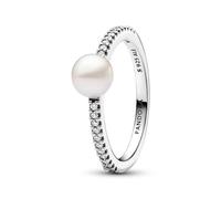 Pandora Timeless Anillo de plata de ley con perla blanca cultivada de agua dulce tratada y circonitas cúbicas transparentes, talla 50
