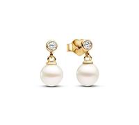 Pandora Timeless Pendientes colgantes chapados en oro de 14 quilates con perla blanca cultivada de agua dulce tratada y circonitas cúbicas transparentes