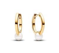 Pandora Timeless Pendientes de aro chapados en oro de 14 quilates con perla blanca cultivada de agua dulce tratada