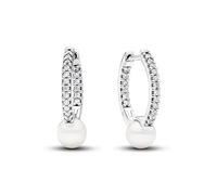 Pandora Timeless Pendientes de aro de plata de ley con zirconita cúbica transparente y perla blanca cultivada de agua dulce tratada