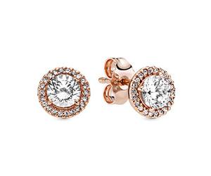 Pandora Timeless Pendientes de botón con halo cuadrado centelleante chapados en oro rosa de 14 quilates con circonitas cúbicas transparentes