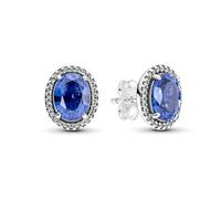Pandora Timeless Pendientes de botón con halo llamativo y centelleante de plata de ley con cristal azul princesa y circonitas transparentes