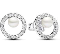 Pandora Pendientes de botón Timeless – Plata de ley, perla blanca de agua dulce tratada y circonitas