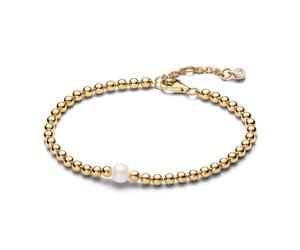 Pandora Timeless Pulsera con cuentas chapada en oro de 14 quilates con perla blanca cultivada de agua dulce tratada y circonitas cúbicas transparentes, 20