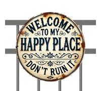 Panel Bienvenido a My Happy Place - Panel De Jardín Redondo De Metal Vintage | Decoración De Terraza Al Aire Libre | Pared De Hierro Estañado | Regalo Para Los Amantes Del Jardín, Decoración Del Patio