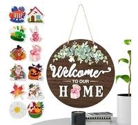 Panel de bienvenida estacional | con 12 Iconos Decoración de Fiesta Redonda y Madera Estilo País, Coronas Estacionales para el Porche de Entrada - para Entrada