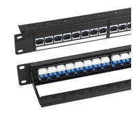 Panel de conexión de fibra monomodo 1U de 24 puertos SC/UPC OS1/OS2 | Chasis de acero con barra de soporte trasera, ajuste modular LGX, montaje sin herramientas, placas adaptadoras preinstaladas