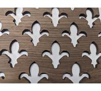 Panel de cribado de madera de nogal cortado con láser Fleur De Lys chapado en madera de nogal, tamaño 1800 mm x 600 mm x 4 mm de grosor. Fabricado en el Reino Unido