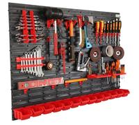 Panel de herramientas con dimensiones de 116x78cm, juego de 13 contenedores en negro/rojo, soporte para herramientas, plástico, sistema de almacenamiento, estante para contenedores, expandible