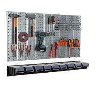 Panel de herramientas de metal 117 x 72 cm, sistema de almacenamiento con portaherramientas, ganchos para herramientas y 9 cajas apilables, 120 x 200 x 90 mm, color: negro, tablero perforado, taller,