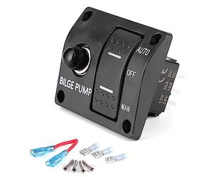 Panel de Interruptor para Bomba de Sentina 3 Vías 12V 24V, Panel de Control de Bomba de Achique con LED Y Disyuntor de 15A, Apagado automático/Manual, Para control de la bomba de achique DC