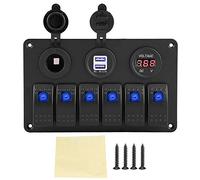 Panel de Interruptores, 12V 24V 6 Gang Car Boat Marine LED Rocker Switch Panel Dual USB Voltímetro Encendedor de Cigarrillos(Azul)