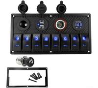 Panel de interruptores de grado marino de 8 bandas con puertos USB duales, sistema de control de balancín de 12-24 V con voltímetro para barcos y camiones, negro (azul)