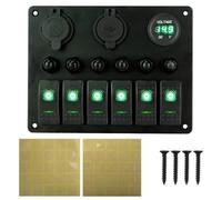 Panel de interruptores for coche de 12 V y 24 V, 6 botones, fusible de 15 A, disyuntor marino, voltímetro, comprobador de luz, cargadores USB 3.0, divisor automático(6 gang green)