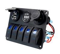 Panel de interruptores marino de 5 unidades, 12 V/24 V, resistente al agua IP66, con 5 interruptores basculantes, doble USB, voltímetro LED y toma de encendedor para coche, caravana, barco, camión