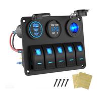 Panel de Interruptores Marinos Impermeables, 5 Gang Rocker Switch Cargador de Aluminio con 3 puertos 66W 12V USB Outlet, 150W Enchufe del encendedor y Voltímetro LED azul para Camión Coche RV, etc.
