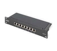 CAT 6, Class E patch panel, shielded, 8-port RJ45 8P8C, LSA, 1U, 254 mm(10") Rack Mount, black