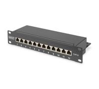 DIGITUS Cat-6 Patch Panel - 12 puertos - Tomas RJ45 - Montaje en rack de 10 pulgadas 1U - Panel de distribución LSA - Blindado - Negro