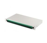 Panel de parcheo FO con equipamiento 19'' 1U, 24x SC APC dx, OS2, pigtails, adaptadores, bandejas, gris