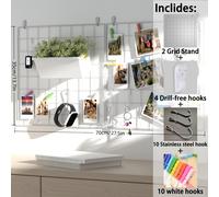 Panel de pared de rejilla metálica con ganchos, pinzas de madera para exhibir fotos y cuadros, organizador decorativo para decoración de pared de dormitorio, oficina, cocina