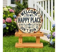 Panel de puerta Bienvenido a My Happy Place - Decoración de pared redonda vintage, panel de metal redondo para colgar creativo, para puerta de entrada, porche, patio, patio, patio, cerca, casa,