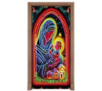 Panel de puerta navideño fluorescente, tela decorativa, motivo de Jesús, telón de fondo luminoso, vacaciones espirituales, impresión visual de tela resistente, acento de escena brillante, decoración d