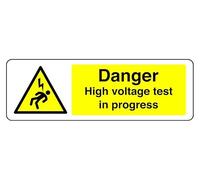 Panel de seguridad autoadhesivo "Peligro High Voltage Test In Progress" (600 mm x 300 mm) Distancia de visualización a menos de 14 m.