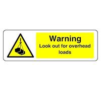 Panel de seguridad autoadhesivo "Warning Look Out For Overhead Loads" (450 mm x 200 mm) Distancia de visualización a menos de 7 m.