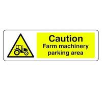 Panel de seguridad "Caution Farm Machinery Parking Area" - Aluminio Dibond 3 mm para uso en interiores y exteriores (300 mm x 100 mm) - Distancia de visualización de 5 m.