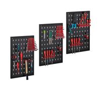 Relaxdays 3 Paneles Perforados Herramientas, Tableros Pared Taller 25 Piezas, 60x118x2 cm, Portaherramientas, Negro/Rojo