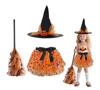 panemy Disfraz Niña, Vestido Niña Bruja con un Sombrero de Bruja y una Escoba, Halloween Costume Girls Para Halloween, Carnaval, Fiestas (Naranja)