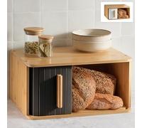 Panera de Madera Grande - Con Puerta Corredera - Panera Bambú FSC® para Guardar el Pan 40 x 28 cm - Ahorra Espacio - Elegante Para Una Frescura Prolongada - Negro