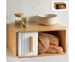 Panera de Madera Grande - Con Puerta Corredera - Panera Bambú FSC® para Guardar el Pan 40 x 28 cm - Ahorra Espacio - Elegante Para Una Frescura Prolongada - Blanco