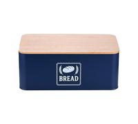 Panera Relaxdays, Tapa de bambú, Metal, HBT: 13,5 x 33 x 19 cm, Caja Retro para Pan, Recipiente, Azul Oscuro