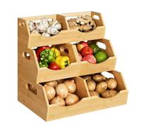 PANGBOER Contenedor de almacenamiento de madera de 3 etapas para encimera de cocina con secciones divididas para frutas y verduras, estante de almacenaje para cocina escalonado