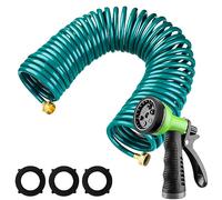 Pangda Manguera de jardín de bobina de 3/8 pulgadas, manguera de jardín de retroceso de EVA, manguera de agua autoenrollable con boquilla de pulverización de 6 funciones, accesorios de conector de