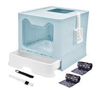 Panghuhu88 Cajas de Arena para Gatos de Entrada Superior, Plegable, con Tapa, Inodoro para Gatos, portátil y fácil de Limpiar, Incluye Cuchara para Arena para Gatos y 2 Bolsas de Basura (Azul)