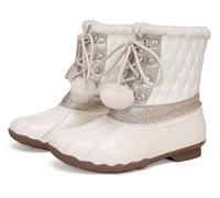 Pangolin Botas de Nieve Mujer y Niña, Botas de Invierno Forradas y Cálidas, Estilo Duck Boots Cuello de Pelo Sintético, Caña Acolchada con Detalles Brillo, Cordones con Pompones Off-White 31 EU