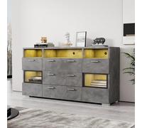 Pangshiyuan Aparador gris de 140 cm con iluminación LED, 2 puertas y 3 cajones, compartimentos abiertos, puertas acrílicas, armario de almacenamiento de madera para salón, pasillo, oficina