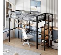 Pangshiyuan Cama alta de 90 x 200 cm con escalera de seguridad, cama infantil de metal con armario y mesa para ordenador, diseño que ahorra espacio, color negro, 249 x 95 x 180 cm