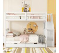 Pangshiyuan Litera de 140 x 200 cm con estante para escaleras, dos cajones, barandilla alta, certificado EN747-1, color blanco