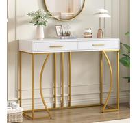 Pangshiyuan Mesa consola con 2 cajones, mesa de pasillo de estilo ligero y lujoso, mesa de sofá con patas ajustables, estructura de metal, tablero de fibra de densidad media en blanco y dorado, 120 x