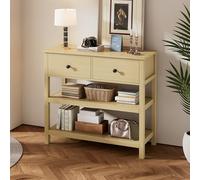 Pangshiyuan Mesa consola retro con tablero de fibra de densidad media, mesa consola estrecha con cajones y estantes abiertos, muebles de pasillo, entrada de salón, natural, 85,0 x 35,0 x 77,0 cm