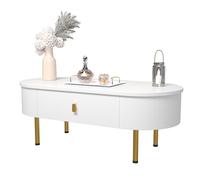 Pangshiyuan Mesa de centro con cuerpo de MDF, 2 cajones, asas y patas doradas, esquinas redondeadas, mesa auxiliar, color blanco, 108 x 50 x 40 cm